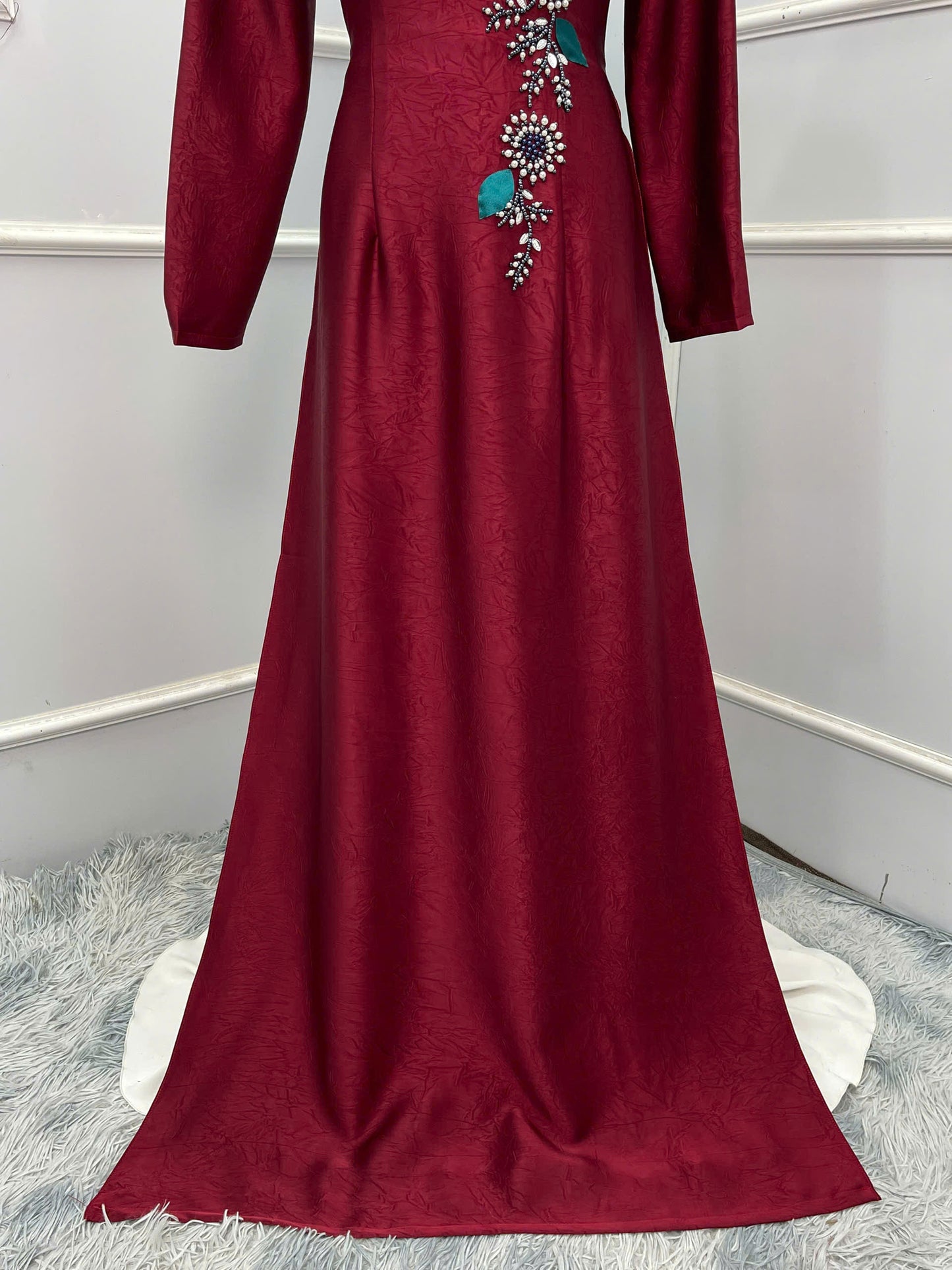 S214 1488 Áo + quần - Áo dài lụa hà lan đính kết màu đỏ