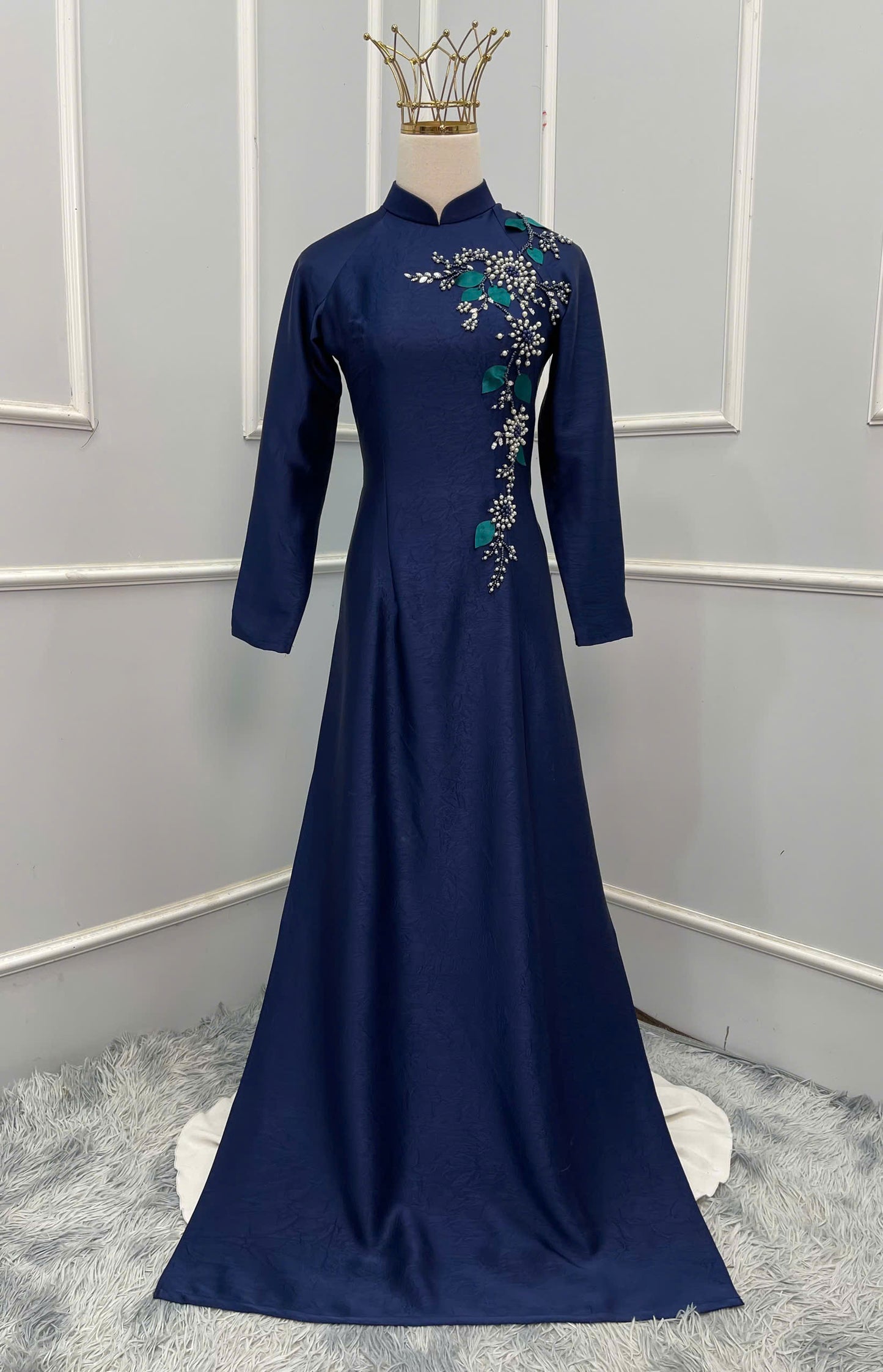 S213 1487 Áo + quần - Áo dài lụa hà lan đính kết màu xanh