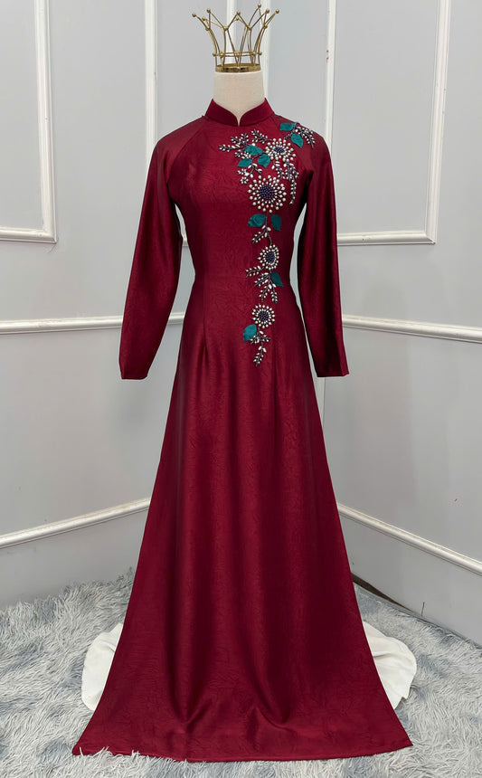 S214 1488 Áo + quần - Áo dài lụa hà lan đính kết màu đỏ