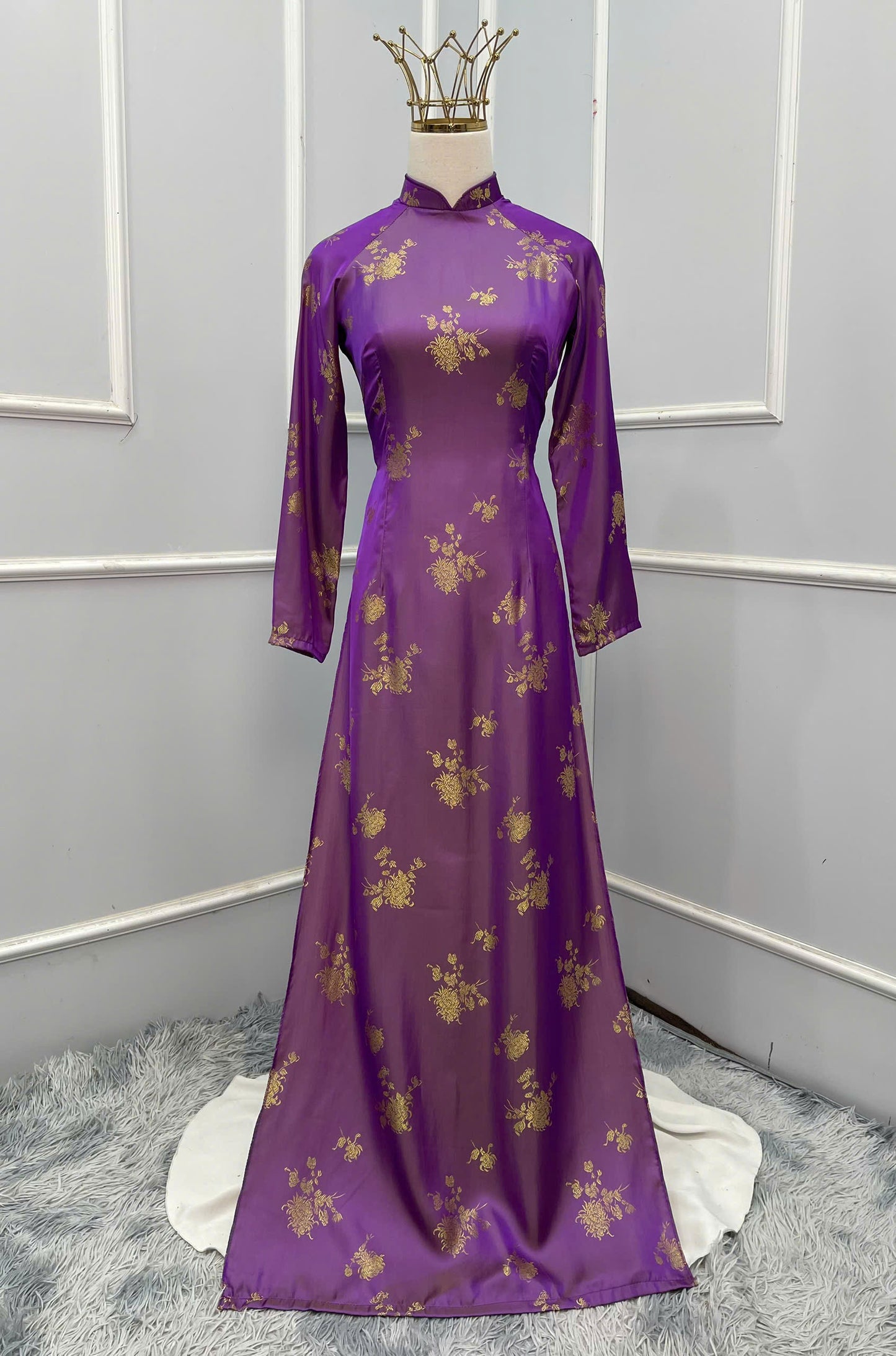 H274 1465 Áo only - Áo dài tơ tằm 2 da tím ánh vàng