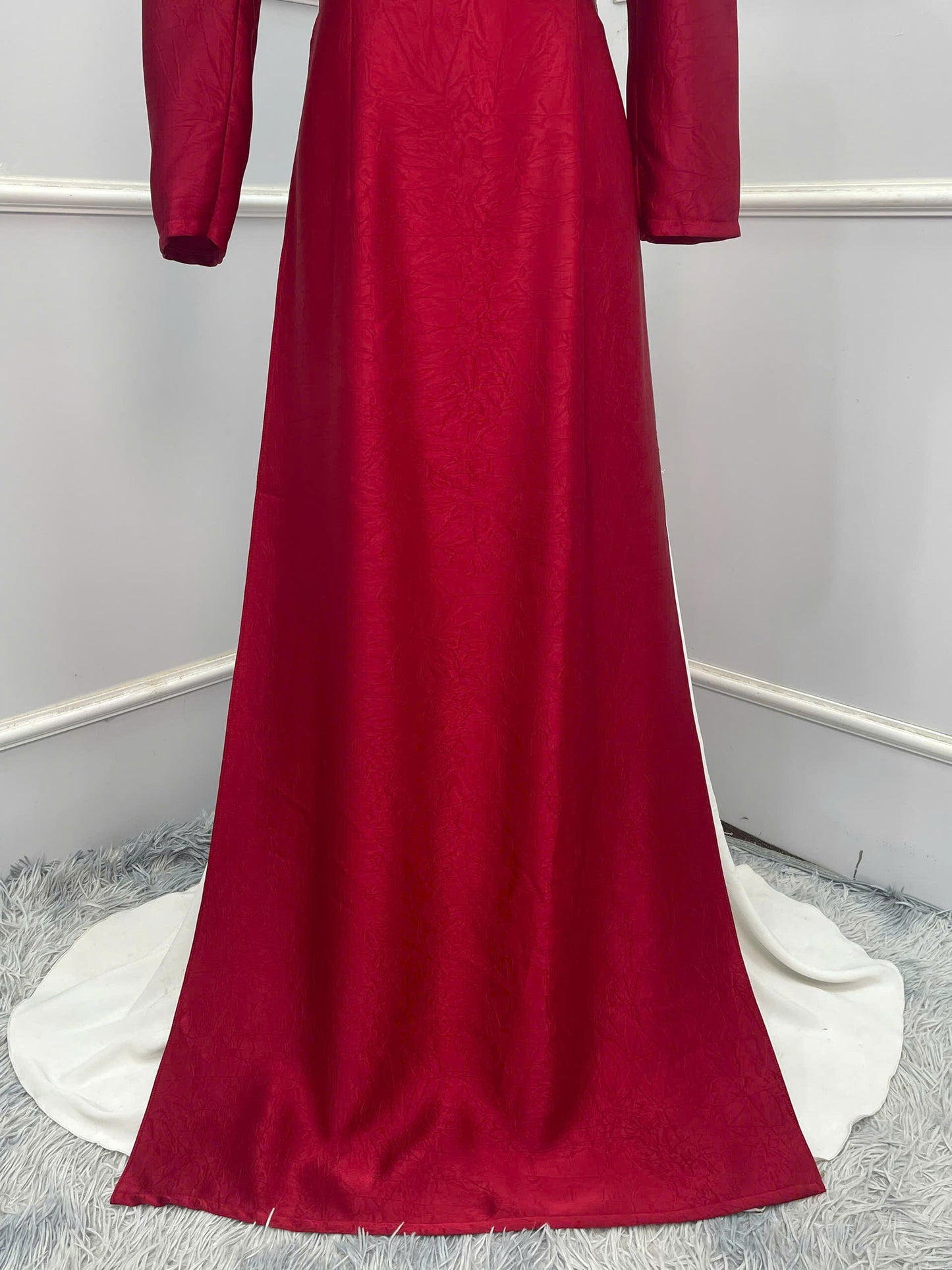 H319 1509 Áo + quần - Áo dài lụa hà lan đính hoa màu đỏ đậm