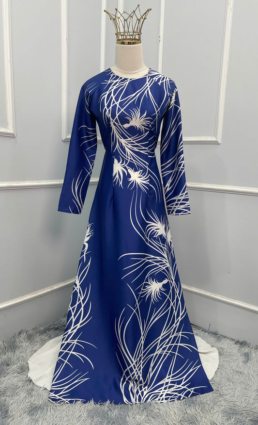 H306 1504 Áo only -Áo dài lụa ánh sao thiết kế màu xanh dương