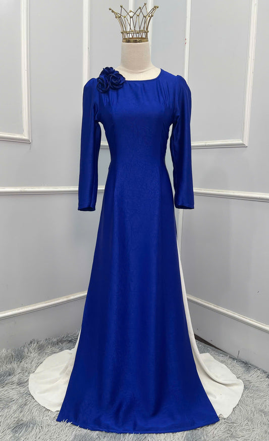 H318 1508 Áo + quần - Áo dài lụa hà lan đính hoa màu xanh coban