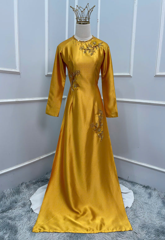 S217 1510 Áo only - Áo dài lụa valentino đính kết màu vàng
