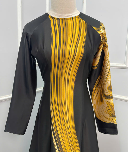 H302 1517 Áo only - Áo dài lụa ánh sao thiết kế màu đen vàng