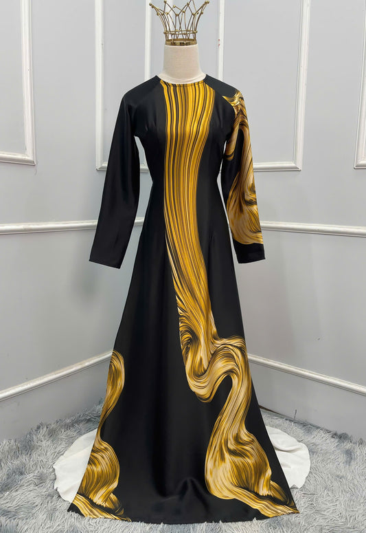 H302 1517 Áo only - Áo dài lụa ánh sao thiết kế màu đen vàng