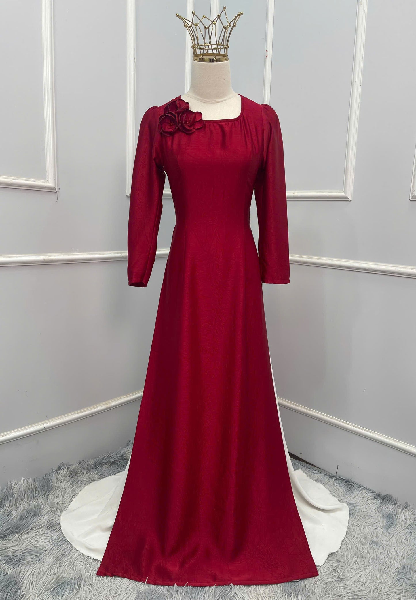 H319 1509 Áo + quần - Áo dài lụa hà lan đính hoa màu đỏ đậm