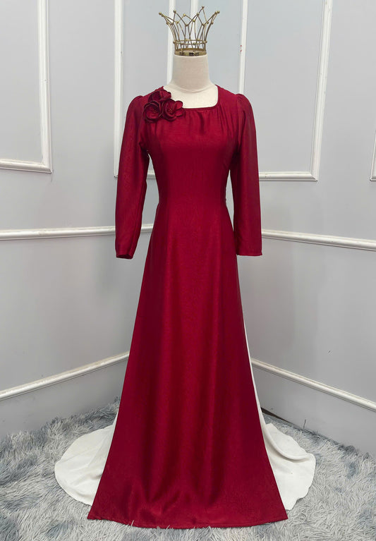 H319 1509 Áo + quần - Áo dài lụa hà lan đính hoa màu đỏ đậm