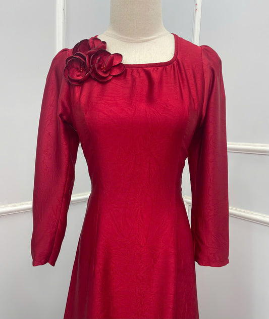 H319 1509 Áo + quần - Áo dài lụa hà lan đính hoa màu đỏ đậm