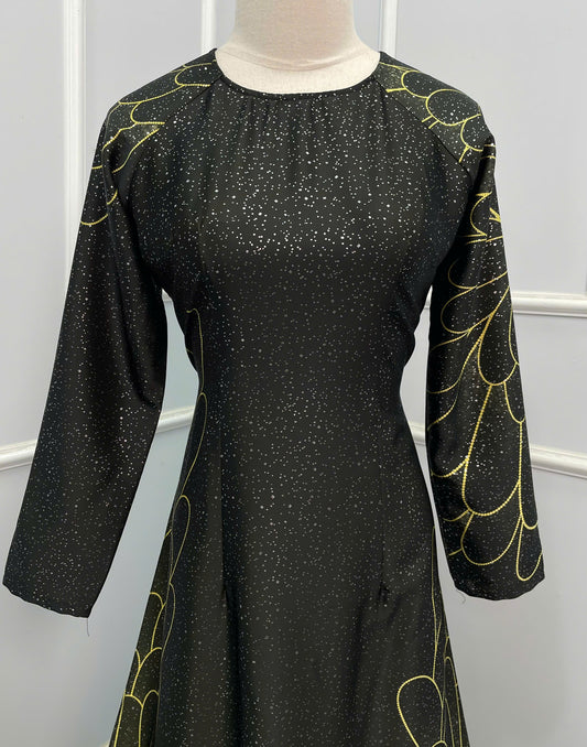 H301 1516 Áo only - Áo dài lụa ánh sao thiết kế 2 da màu đen vàng