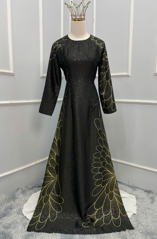 H301 1516 Áo only - Áo dài lụa ánh sao thiết kế 2 da màu đen vàng