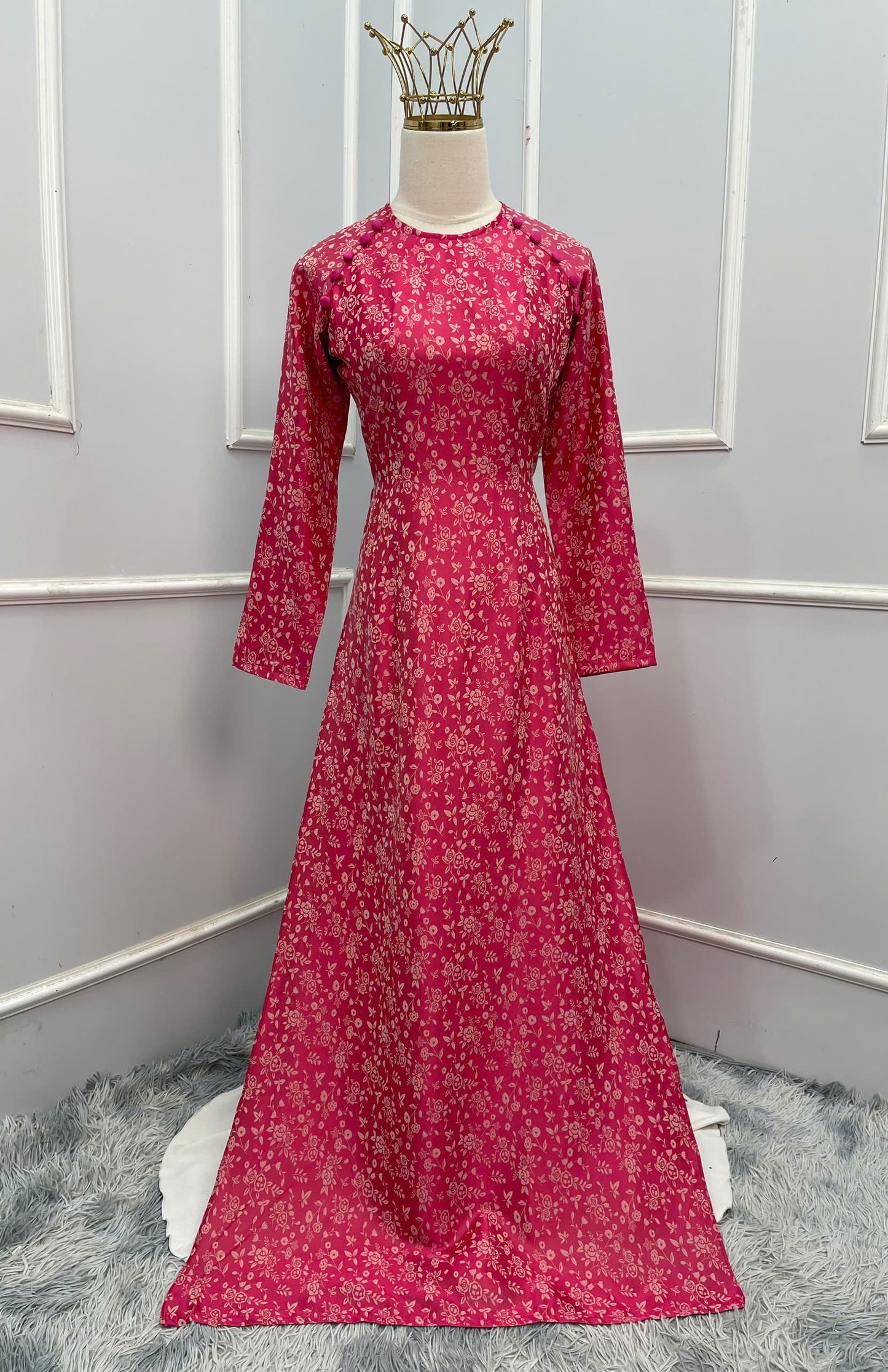 H314 1506 Áo only - Áo dài lụa 2 da đính cúc bọc màu hồng