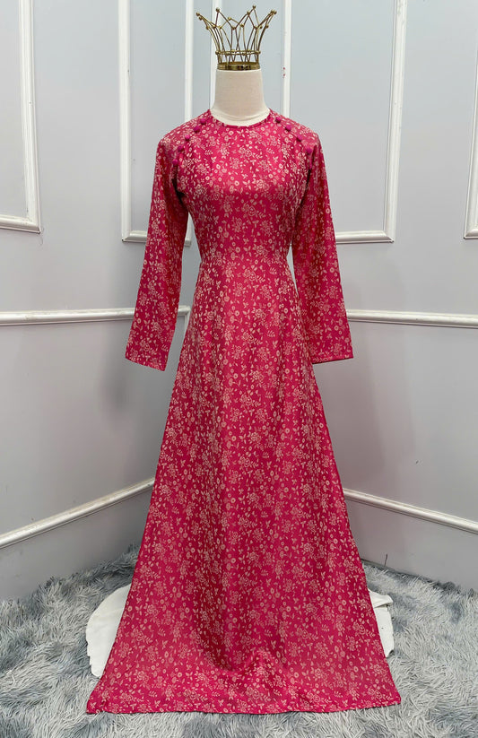 H314 1506 Áo only - Áo dài lụa 2 da đính cúc bọc màu hồng