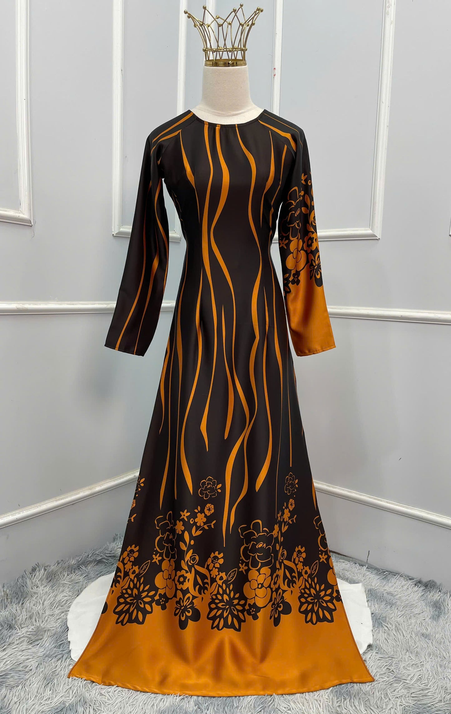 H307 1501 Áo only - Áo dài lụa ánh sao 2 da thiết kế màu đen cam