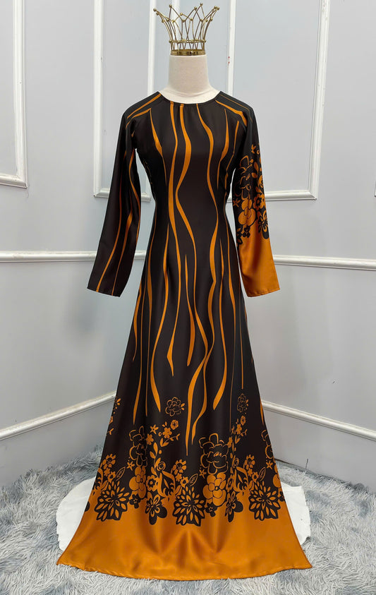 H307 1501 Áo only - Áo dài lụa ánh sao 2 da thiết kế màu đen cam