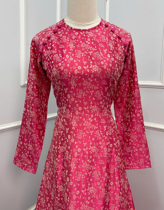 H314 1506 Áo only - Áo dài lụa 2 da đính cúc bọc màu hồng