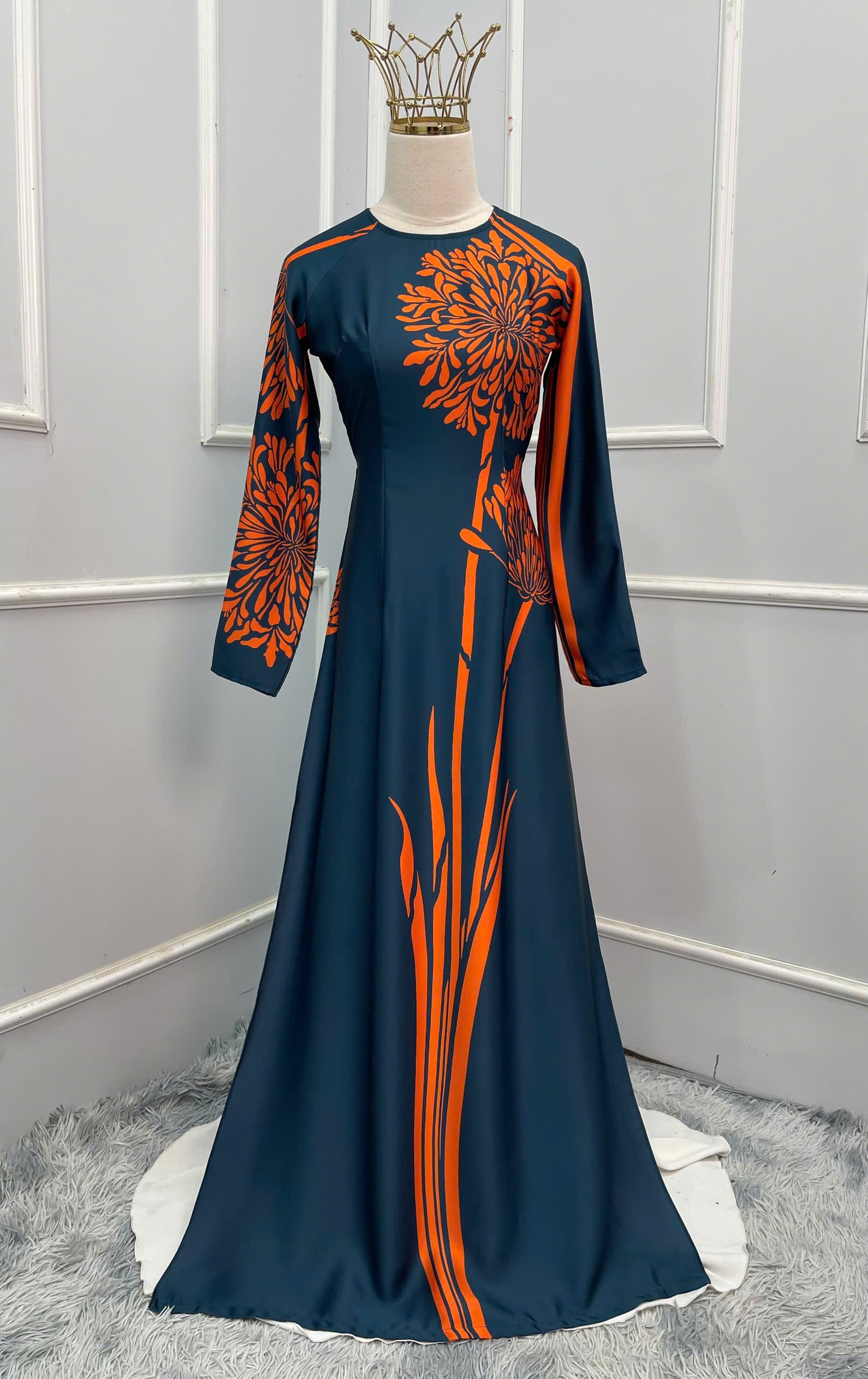 H304 1520 Áo only - Áo dài lụa ánh sao 2 da thiết kế màu đen cam