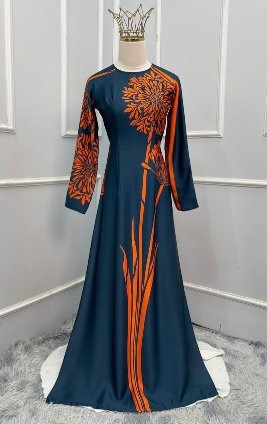 H304 1520 Áo only - Áo dài lụa ánh sao 2 da thiết kế màu đen cam