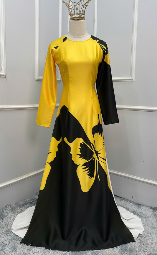 H305 1519 Áo only - Áo dài lụa ánh sao thiết kế màu vàng tươi