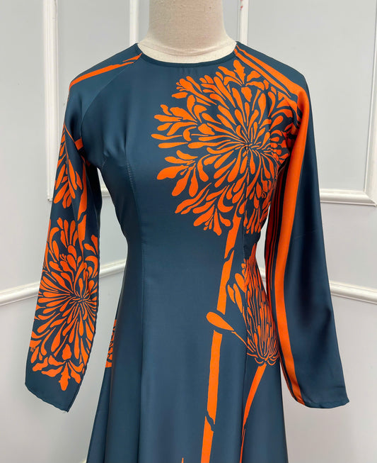 H304 1520 Áo only - Áo dài lụa ánh sao 2 da thiết kế màu đen cam