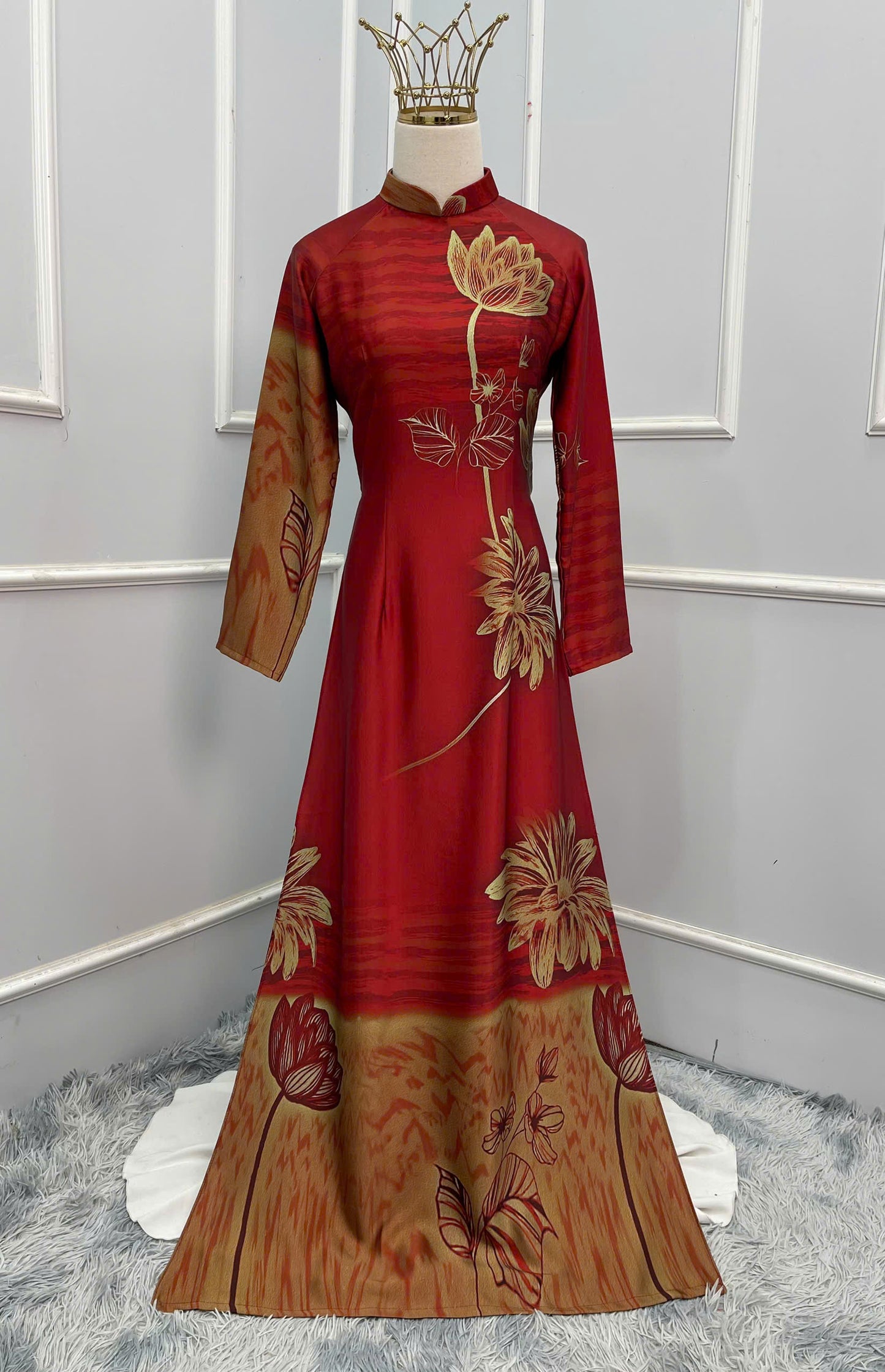 H312 1502 Áo only - Áo dài lụa ánh sao thiết kế 2 da màu đỏ đậm in sen