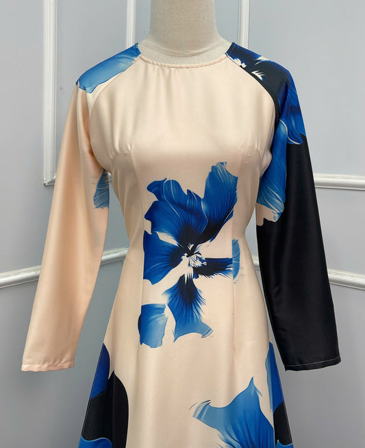 H297 1500 Áo only - Áo dài lụa ánh sao thiết kế màu kem