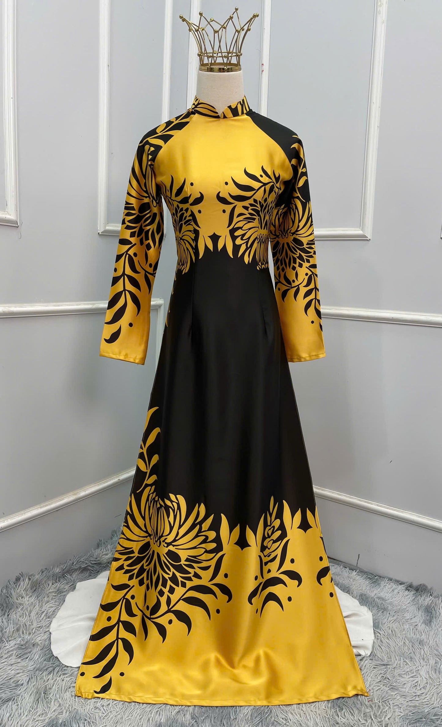 H308 1521 Áo only - Áo dài lụa ánh sao thiết kế 2 da màu vàng đen