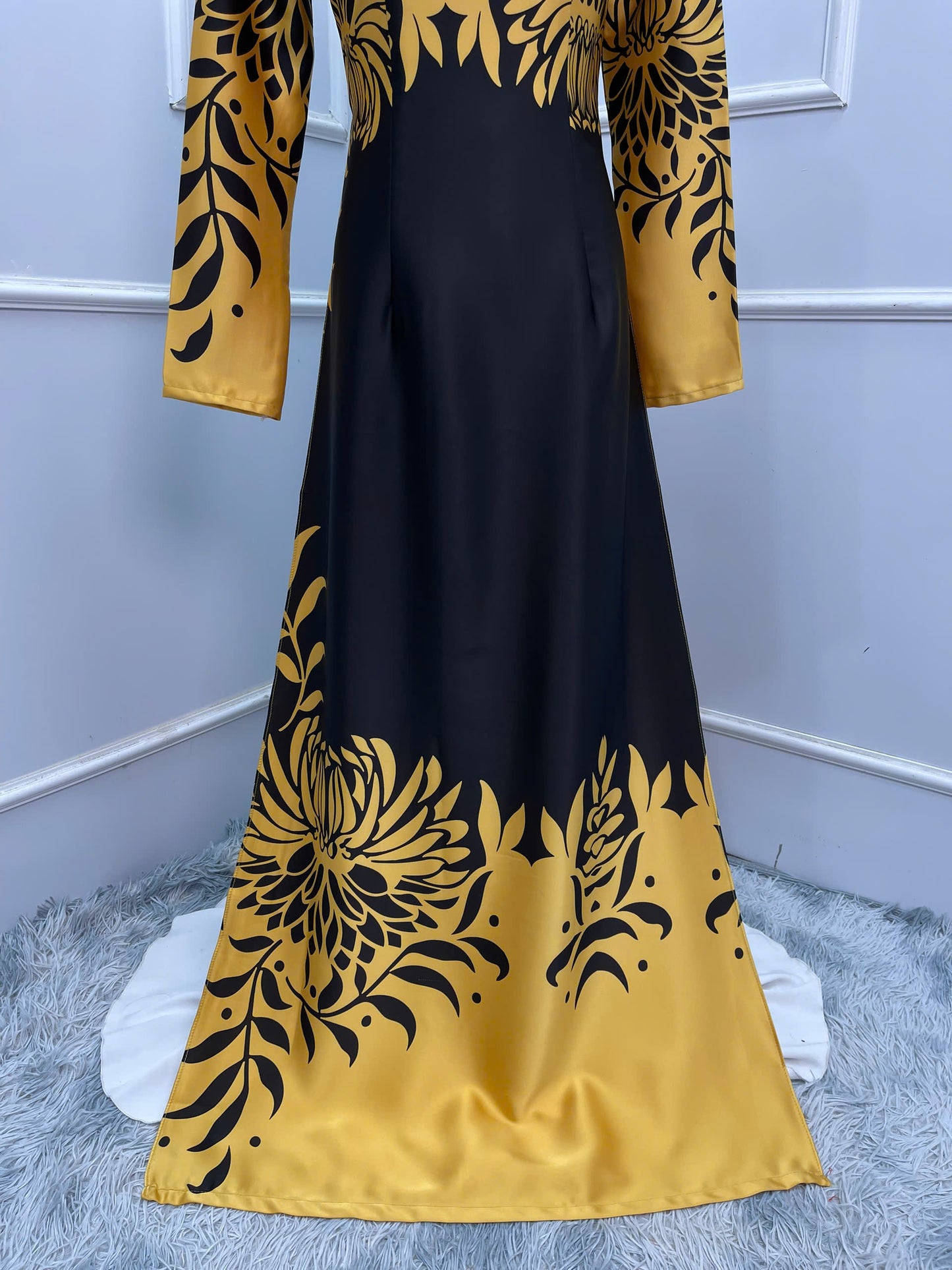 H308 1521 Áo only - Áo dài lụa ánh sao thiết kế 2 da màu vàng đen