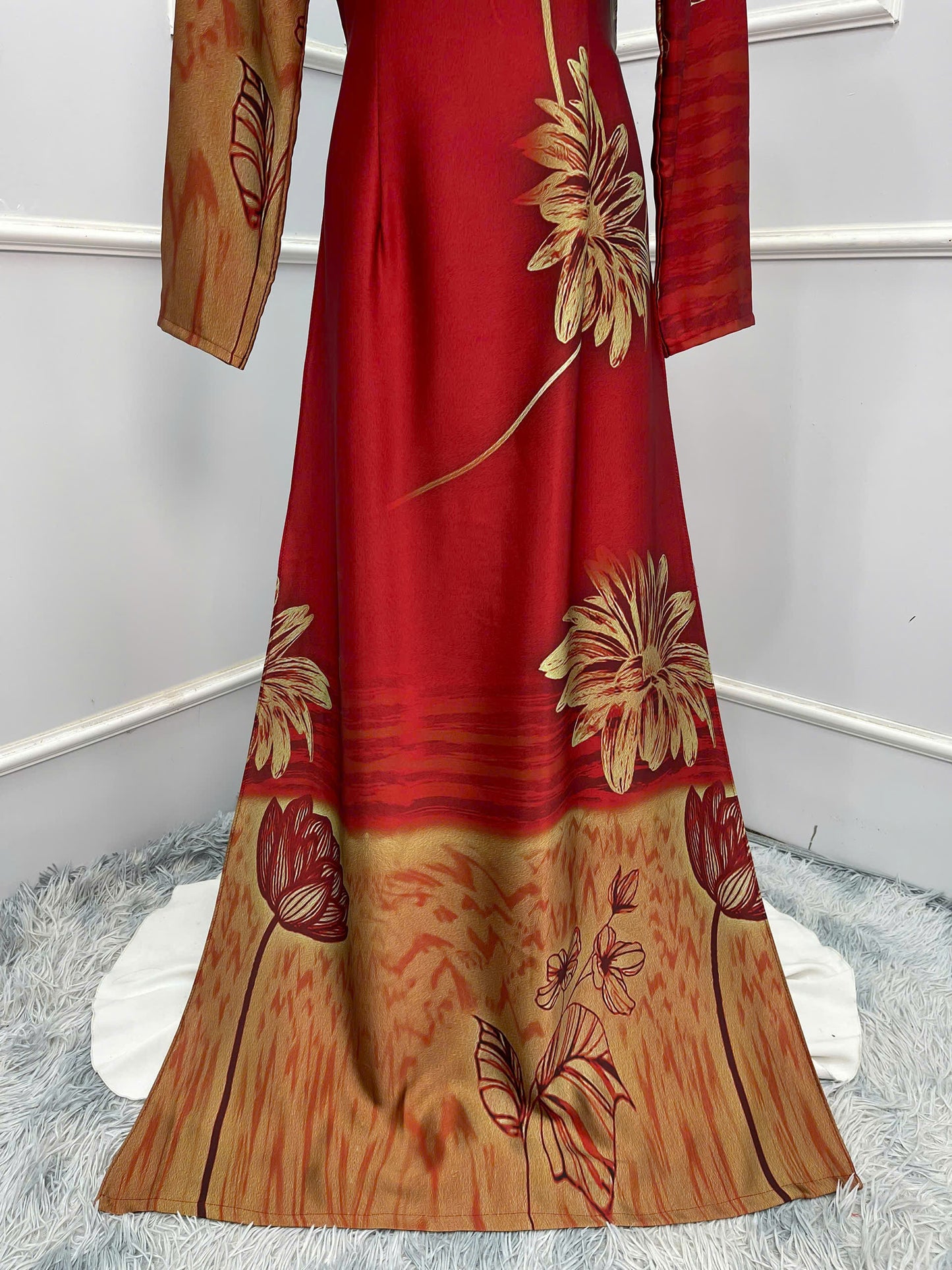 H312 1502 Áo only - Áo dài lụa ánh sao thiết kế 2 da màu đỏ đậm in sen