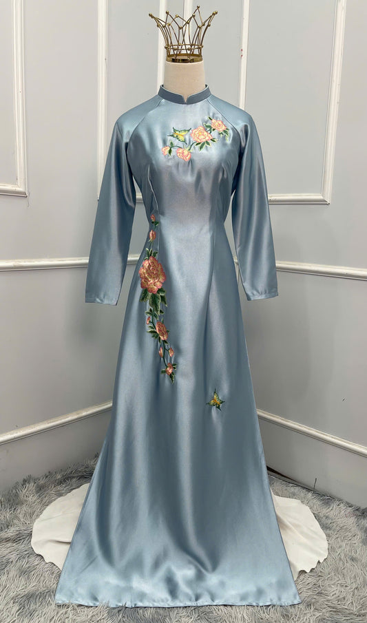 L05 4205 Áo only - Áo dài lụa valentino thêu hoa màu xanh