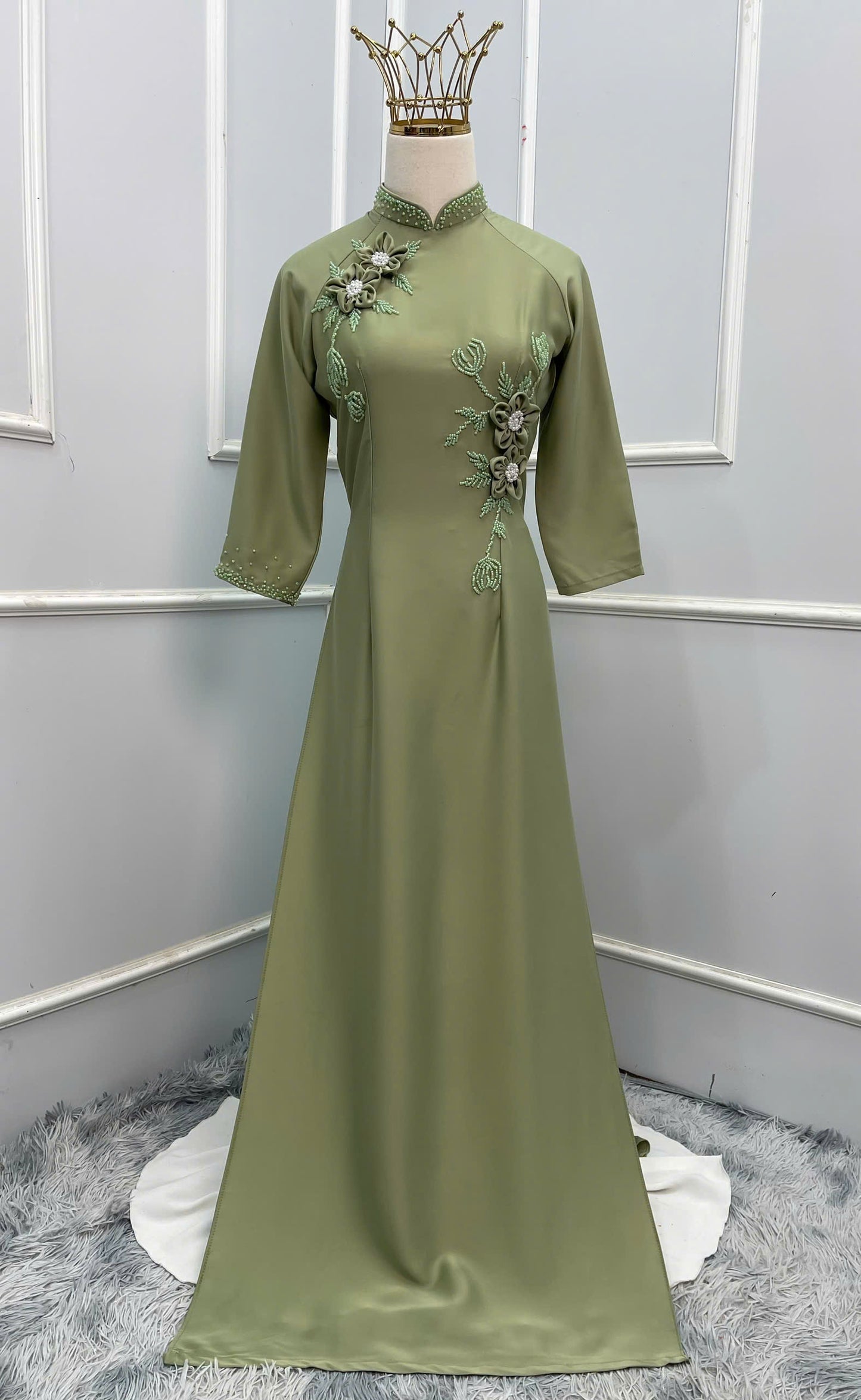 L16 Áo + quần - Áo dài màu xanh đính kết + quần cùng màu