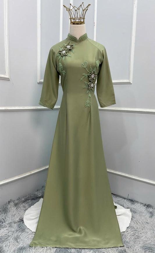 L16 Áo + quần - Áo dài màu xanh đính kết + quần cùng màu