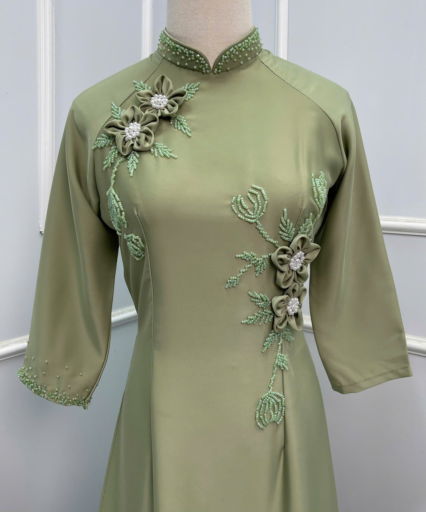 L16 Áo + quần - Áo dài màu xanh đính kết + quần cùng màu