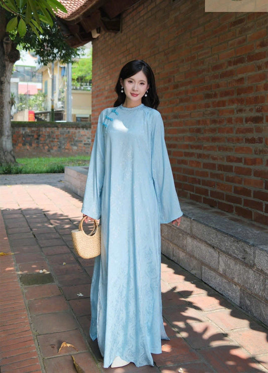 H343 1609 Áo only - Áo dài dáng suông lụa thọ dơi màu xanh blue