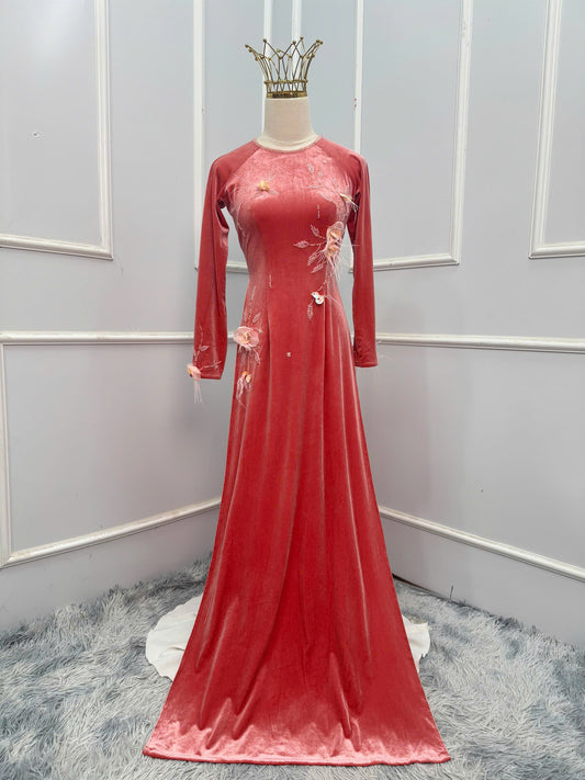 H322 Áo only - Áo dài nhung đính kết màu hồng mận
