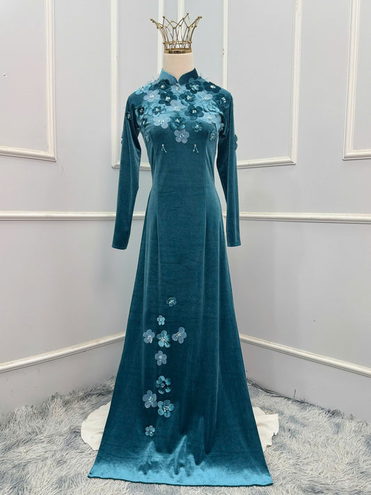 H321 Áo only - Áo dài nhung đính hoa nổi