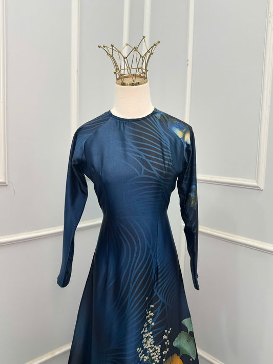 H328 1590 Áo only - Áo dài lụa ánh sao màu xanh dương