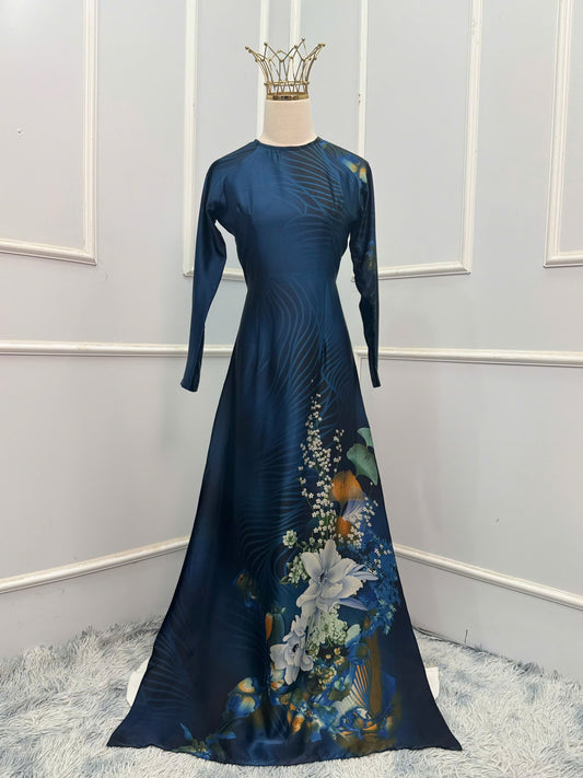 H328 Áo only - Áo dài lụa ánh sao màu xanh dương