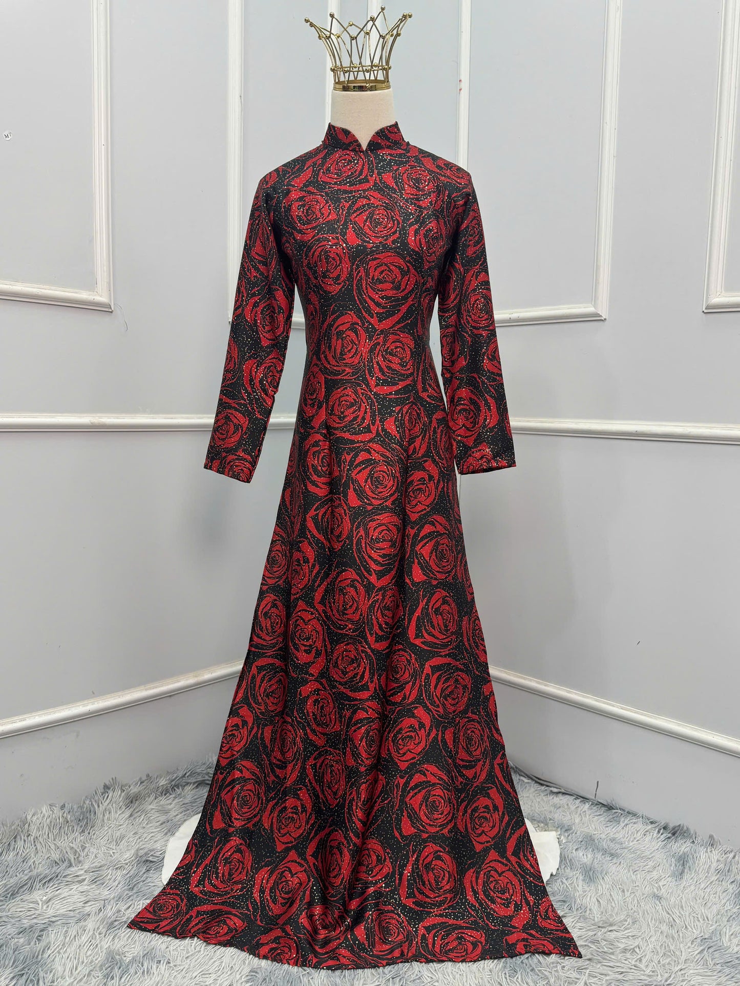 H330 Áo only - Áo dài lụa ánh sao kim sa hoa hồng