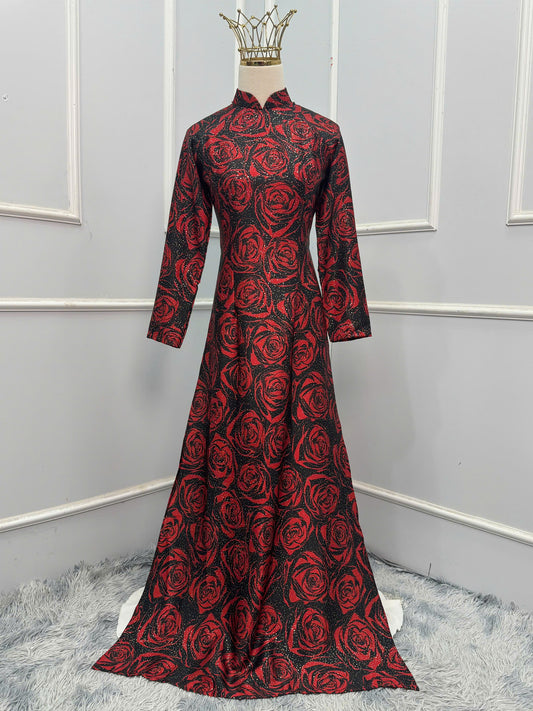 H330 Áo only - Áo dài lụa ánh sao kim sa hoa hồng