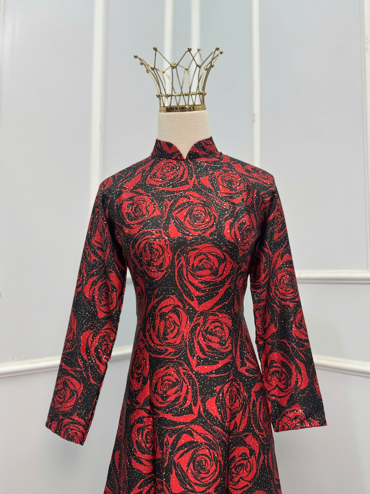 H330 Áo only - Áo dài lụa ánh sao kim sa hoa hồng