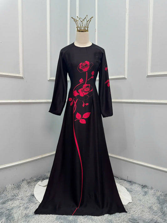 H332 Áo only - Áo dài lụa ánh sao 2 da màu đen hoa hồng