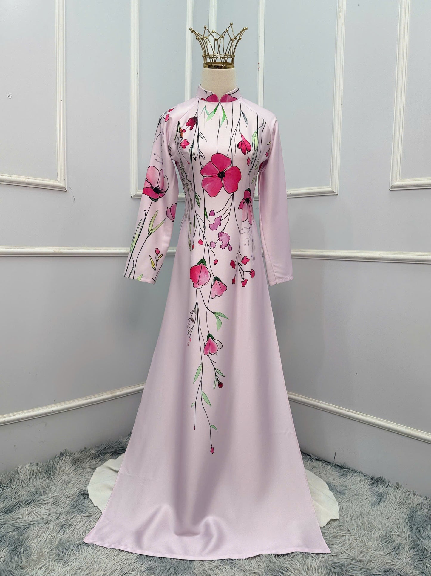 H335 Áo only - Áo dài lụa ánh sao thiết kế in hoa