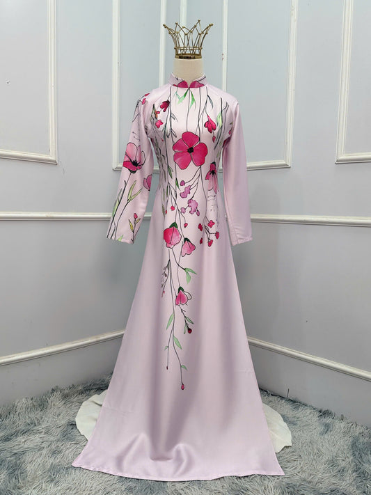 H335 Áo only - Áo dài lụa ánh sao thiết kế in hoa