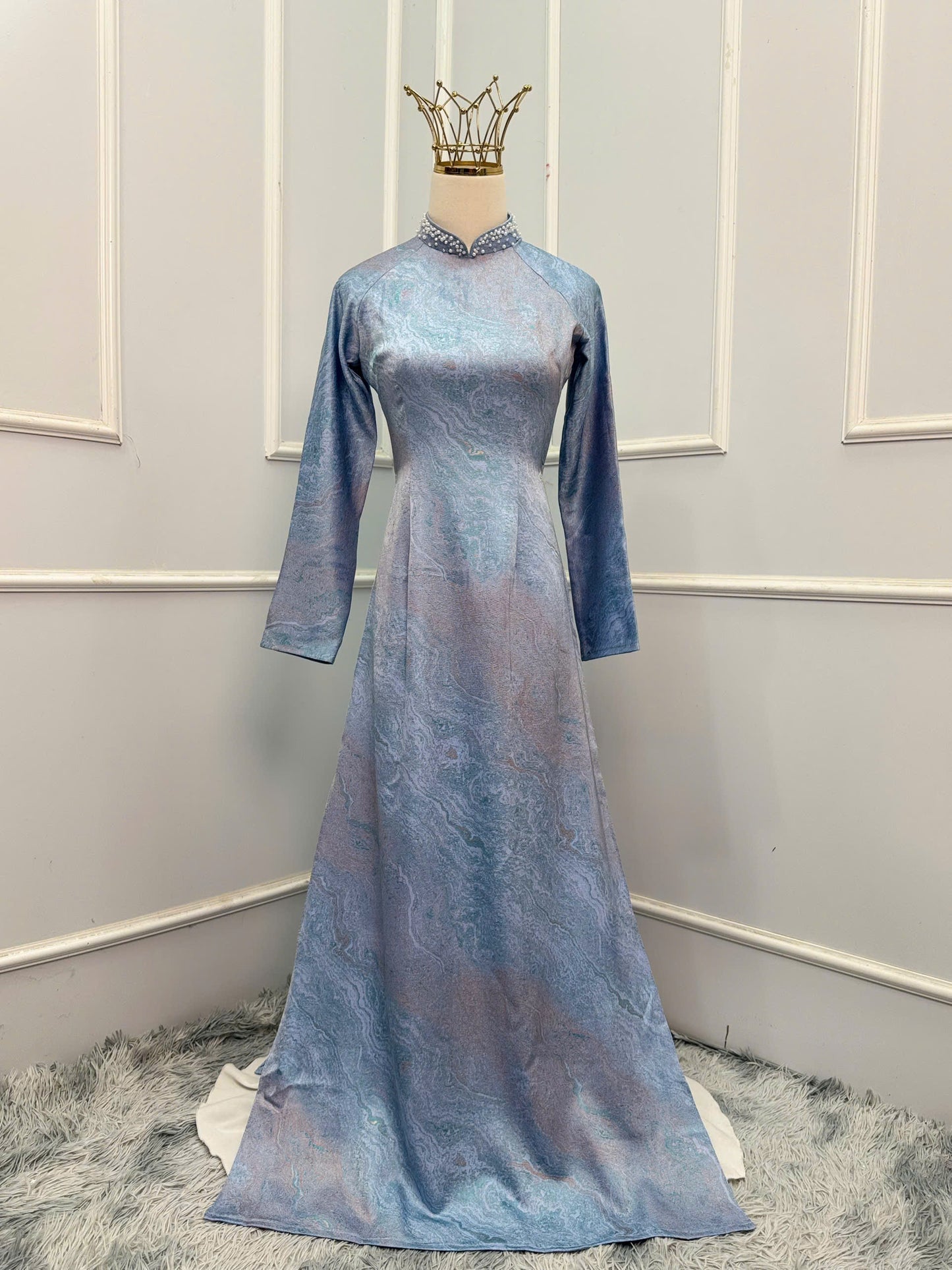 H344 1626 Áo only - Áo dài lụa cao cấp màu xanh biển