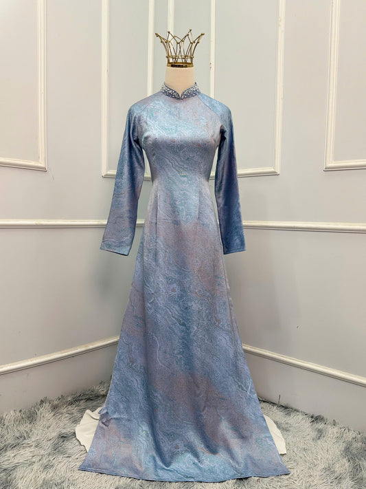 H344 1626 Áo only - Áo dài lụa cao cấp màu xanh biển