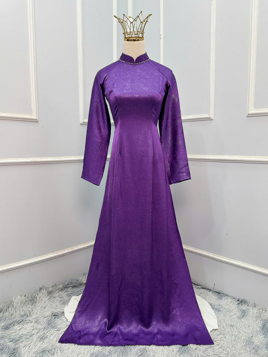 H337 Áo only - Áo dài lụa sa mạc nhà Cẩm Tú đính kết cổ màu tím huế