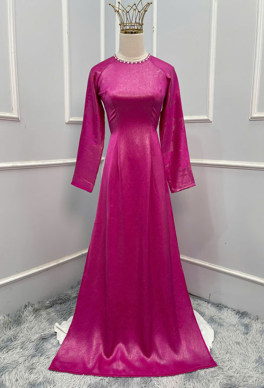 H336 Áo only - Áo dài lụa sa mạc nhà Cẩm Tú đính kết cổ màu hồng sen