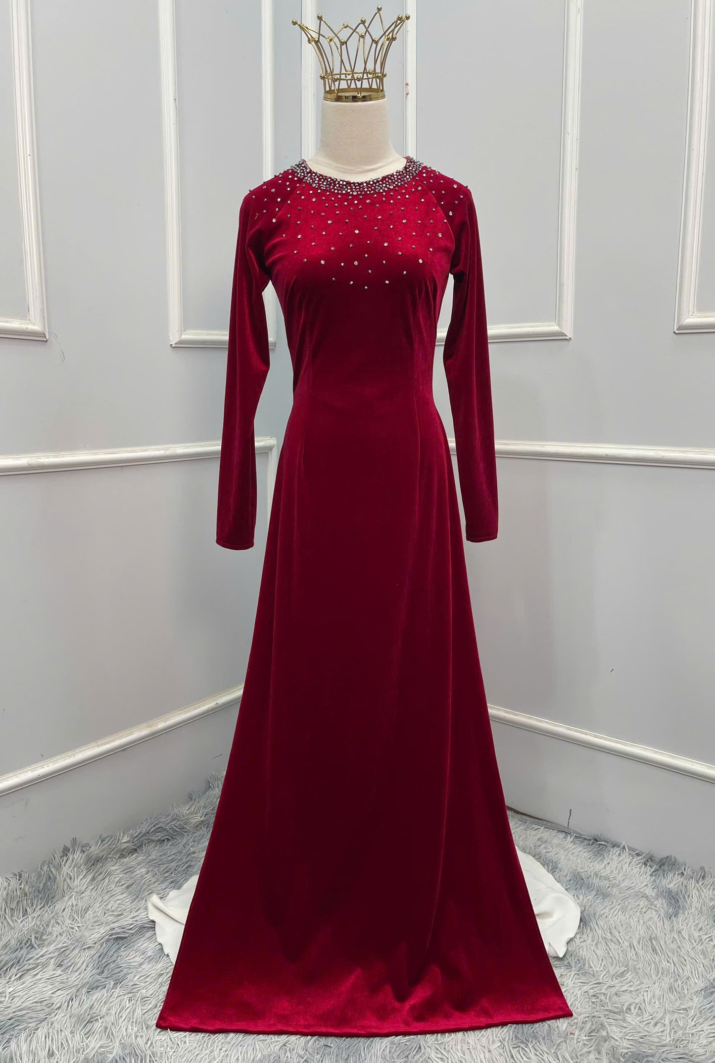 H327 Áo only - Áo dài nhung đính kết cổ màu đỏ đô