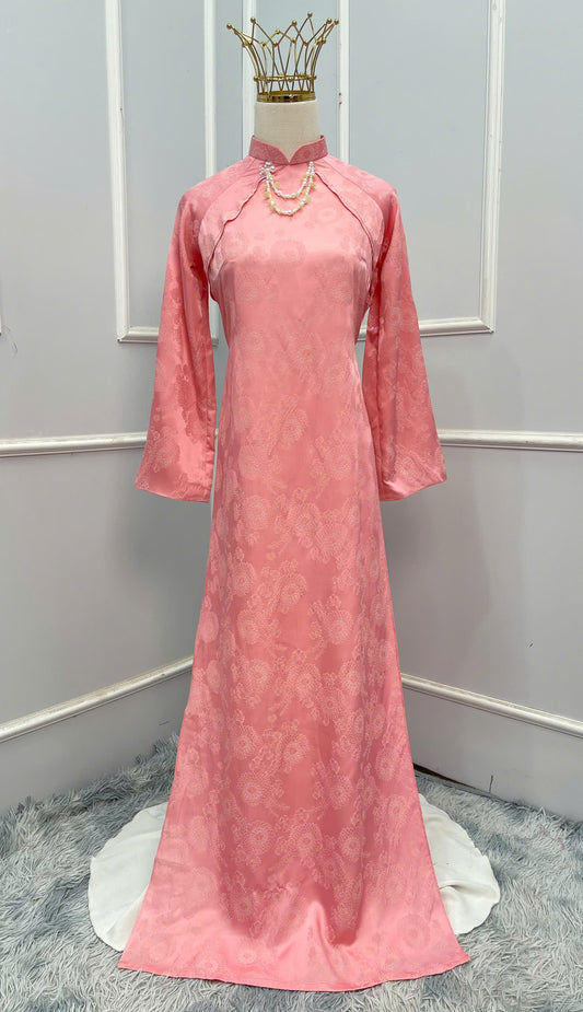 H325 Áo + quần - Áo dài hồng phấn đính kết cổ + quần đỏ